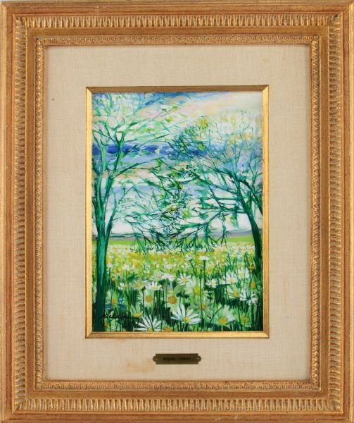 MICHEL HENRY FIELD OF DAISIES OIL ON CANVAS FRAMED: Michel Henry (French, B. 1928) oil on canvas painting. Depicts a field of daisies with two trees in foreground. Colors of blue, green, yellow, and white. Signed to LL. Canvas framed within gilt frame.