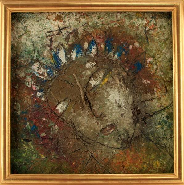 JAMALI FRESCO TEMPERA PAINTING 30X30 INCHES FRAMED: Fresco painting by internationally renowned Indian American artist Jamali. His style is Mystical Expressionism. This untitled piece is a multi-colored image of a face with a crown. Highly textured sur