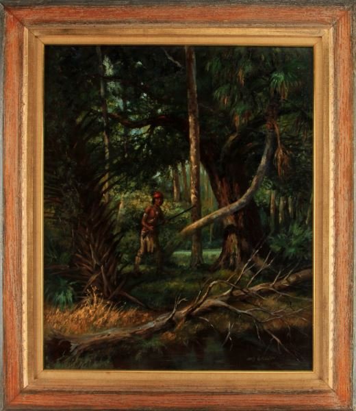 JAMES HUTCHINSON MICCOSUKEE NATIVE AMERICAN OIL: One of Americas truly great impressionist, and original member of Indian River School of Painting. Member of Florida artist Hall of Fame inducted 2011. Represented state of Florida in 1965 Worlds Fair
