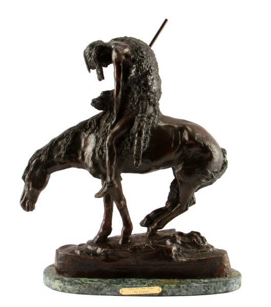 AFTER JAMES E. FRASER "END OF THE TRAIL" BRONZE: A bronze sculpture on a marble base after James E. Fraser's "End of the Trail". The sculptures base bears "J E FRASER" and its bronze base has a label that identifies the artist and the title of the w