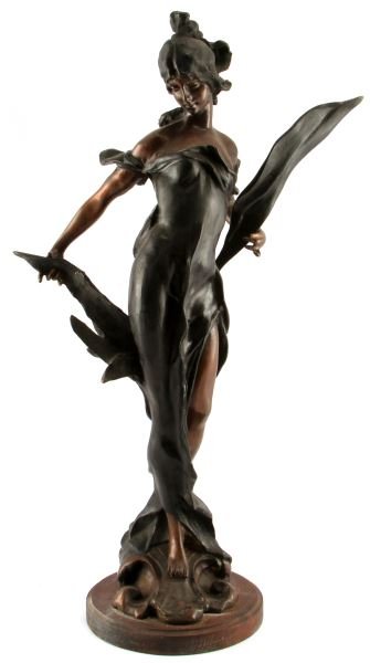 AFTER PIERRE ROCHE "DIANE" BRONZE SCULPTURE: 26.5 inch tall cold painted bronze sculpture after Pierre Roche (b. 1855-1922). The bronze is titled "Diane". Art Nouveau style, a young women in draping clothes with flowing hair. The sculpture is mo