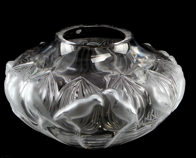RARE LALIQUE LARGE VASE WITH BIRDS AND LEAVES: Large round Lalique lead crystal vase, 10 inches in diameter at widest point, 6 inches high, opening 3 1/2 inches, in very good condition.