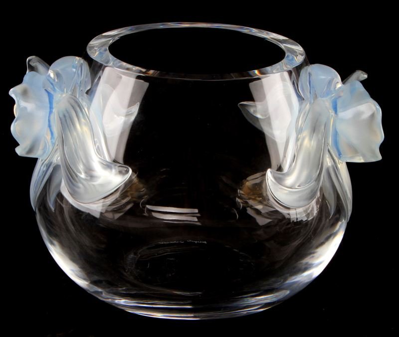 LALIQUE "ORCHIDEE" LEAD CRYSTAL VASE FRANCE: 6 1/8 inches tall, 9 inches tip of orchid to tip of orchid, signed "Lalique France", "Orchidee" lead crystal vase in very good condition.