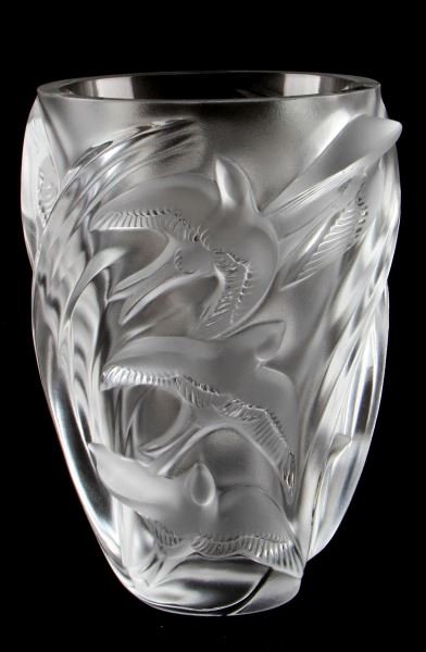 LALIQUE FRANCE CRYSTAL VASE 12308 WITH MARTINETS: Lalique lead crystal vase, model 12308, Martinet in flight design, 9 1/2 inches tall, outside diameter at top 6 1/4 inches, weighing just under 10 pounds. In very good condition, feather scratches on 