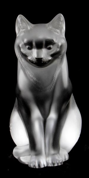LALIQUE FRANCE CRYSTAL LARGE SITTING CAT 11603: Lalique France lead crystal, signed by Marie Claude Lalique dated 10-21-93, model number 11603, "Chat Assis". In very good condition, no chips, feather scratches on bottom from display.