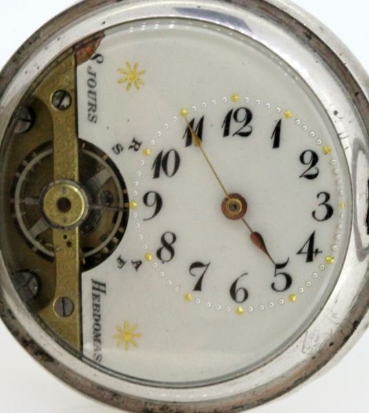 ANTIQUE 800 SILVER CASE 8 DAY HEBDOMAS POCKETWATCH: In very good running condition (no implied warranty), early 1900's pocket watch with 800 silver case and rose gold filled bezels, 8 day movement by Hebdomas of Switzerland, pin set and stem wind. Dial