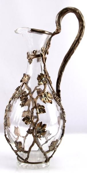 HALLMARK SILVER FLORAL OVERLAY 1857 CLARET JUG: Superb workmanship by London silversmith John Samuel Hunt established 1844 and produced work until 1867. London Hallmark with lower case cursive dale letter B is located on one of the leaves, a second