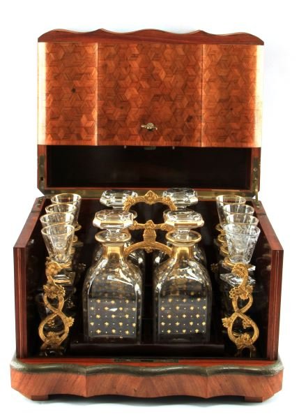 MAISON VERVELLE MARQUETRY TANTALUS LIQUOR BOX: Nineteenth Century Maison Vervelle Paris Marquetry design Tantalus liquor box with brass key and functional lock. Box has Marquetry design on top and front, and an ornately decorated brass trim. "Mais