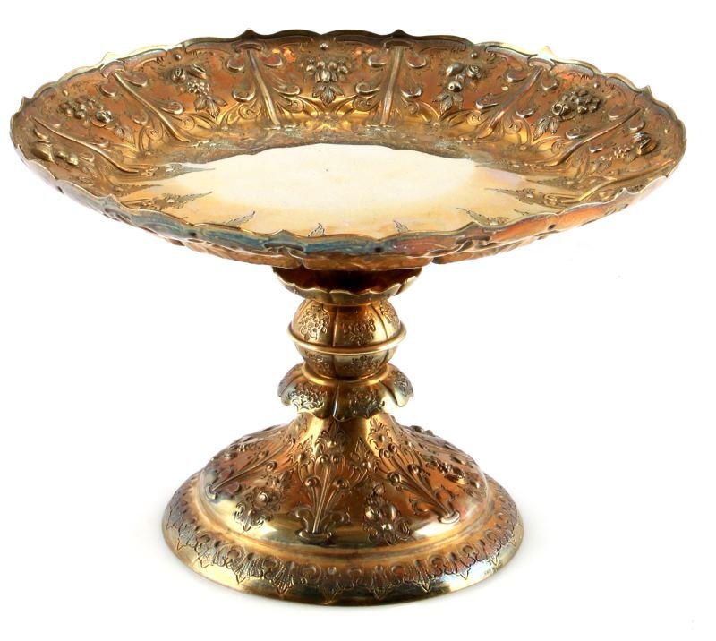 19TH CENTURY ENGLISH TOOLED SILVER CANDY PED DISH: 19th Century English tooled silver pedestal candy dish. Fruit and floral design in relief. Stands 6 inches tall and measures 9 inches in diameter. Weighs 814 grams or 26.195 Toz. Maker marked to insid