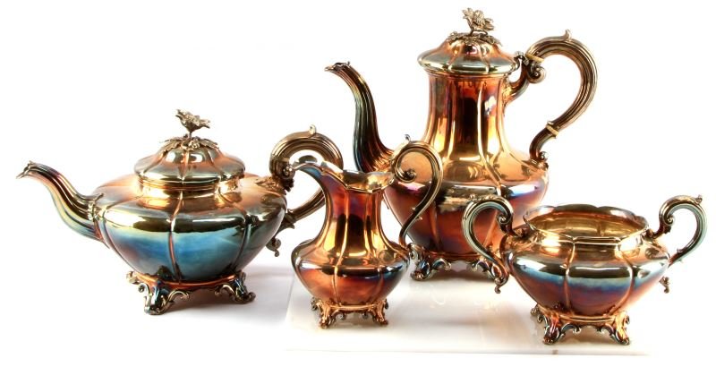 1836 HALLMARK STERLING SILVER GEORGIAN TEA SET: William IV reign HOPGOOD 204 Bishopsgate London maker stamped. Flawless set free of dents or detractions. Coffee pot stands 10 inches, oversize sugar and creamer. Date letter old English "D". Weight 7