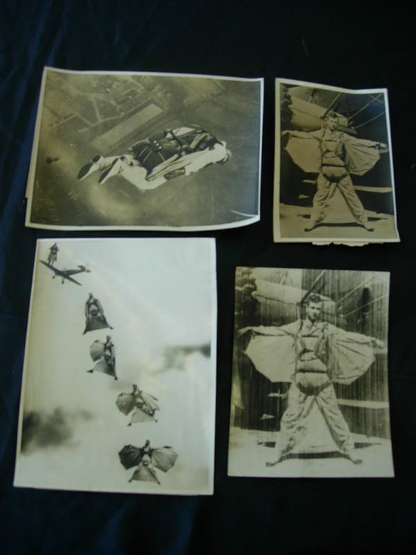 CLEM SOHN PARACHUTE SKYDIVE RECORD PHOTO LOT OF 4: ORIGINAL PRESS PHOTOS DATED 1936 AND 1937 OF CLEM SOHN "BATMAN." CLEM SOHN FELL TO HIS DEATH IN 1937. THERE ARE 4 DIFFERENT PHOTOS IN THIS UNUSUAL AND RARE LOT.