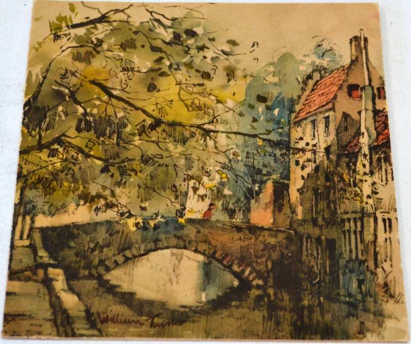 WILLIAM RALPH TURNER PERSON CROSSING BRIDGE PRINT: Painting print attributed to William Ralph Turner (British, 1920-2013). Depicting a person crossing a bridge surrounded by trees and city. Measures approximately 7 by 7 inches. Overall good condition.