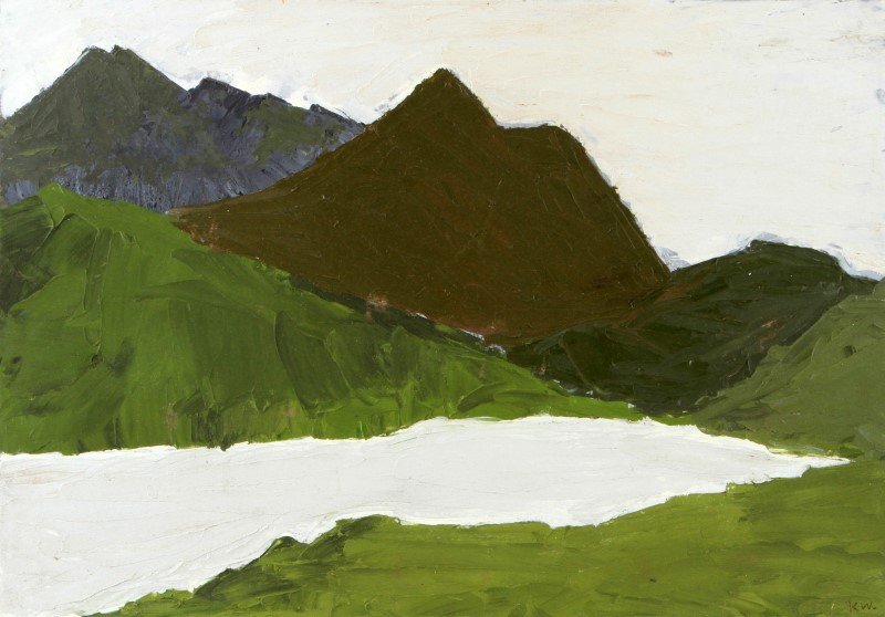 LANDSCAPE AFTER KYFFIN WILLIAMS OIL ON CANVAS: Oil on canvas painting in the style of Welsh artist Sir John "Kyffin" Williams (b.1918-2006). The palette knife painted landscape with a thick impasto and broad brushes. Bears monogram on lower right 