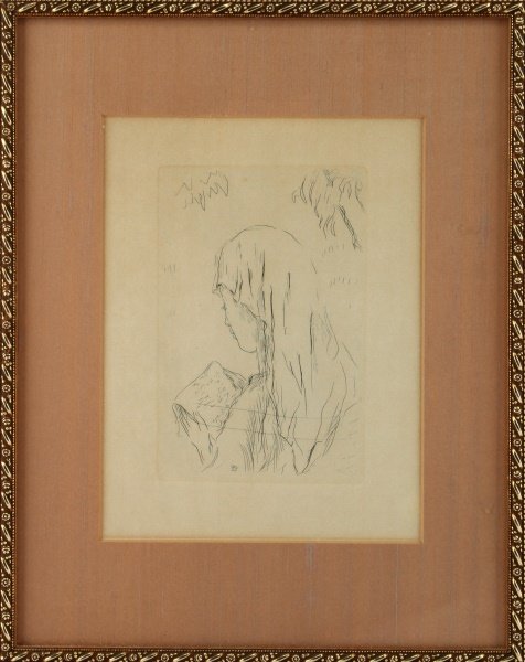 PIERRE BONNARD VIE DE SAINT MONIQUE ETCHING: Antique etching print titled "Vie de Saint Monique" by French artist Pierre Bonnard (b. 1867-1947). Bonnard was a founding member of the post-Impressionist movement. This work appears to have been in