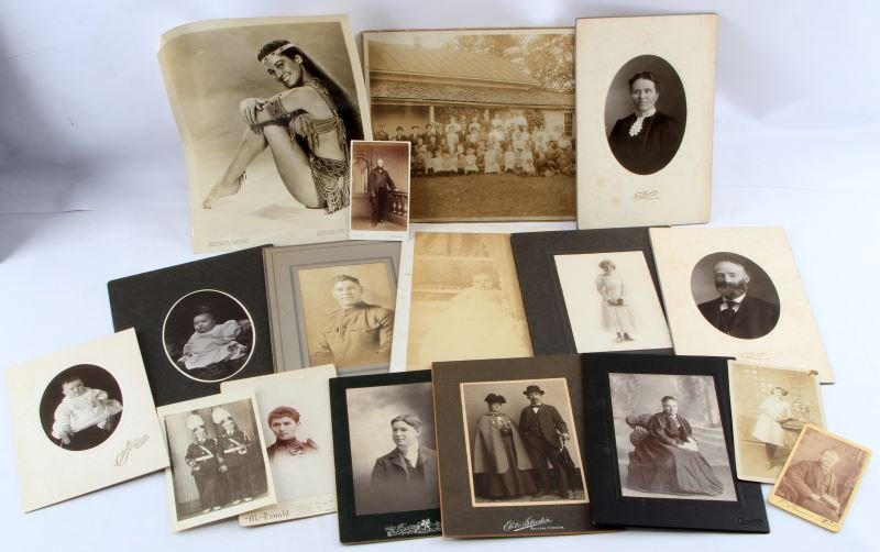 ANTIQUE PHOTOGRAPH LOT 17 DIFFERENT CDV CABINET: Includes a First War Native American in U.S. Uniform, Tacoma Washington cabinet, and a big variety of others including Indian Princess Theatre still.