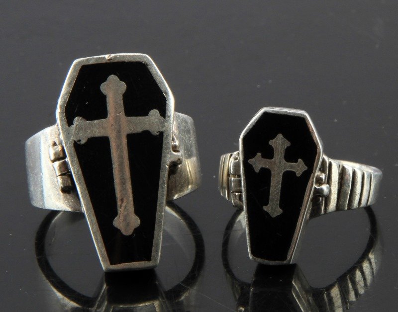 HIS & HERS STERLING CASKET STYLE POISON RINGS: Nothing says "I love you" like this his and hers poison rings, in sterling silver, with casket motif, not matching rings. Ladies ring split at upper shank. His is size 9, her size 9. In good condition