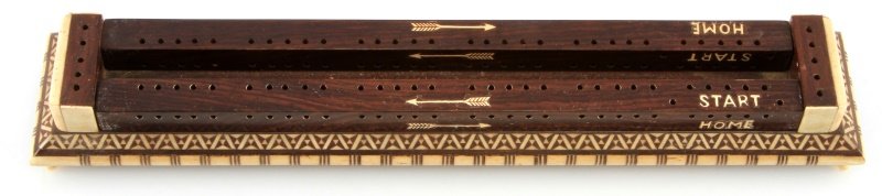 VINTAGE ROTATING CRIBBAGE BOARD WITH BONE INLAY: Vintage rosewood and bone cribbage board with all six pieces and rotating wood panels. The board has geometric inlaid bone pieces. The board measures 11.5 inches by 2.25 inches. Overall very good cond