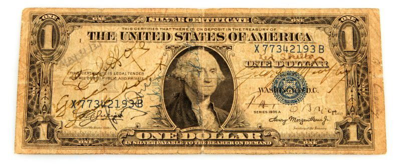 ANTIQUE 1935 $1 BILL WITH HOLLYWOOD SIGNATURES: Very cool antique 1935A Silver Certificate One Dollar bill with guaranteed authentic signatures of Bob Hope, Grace Kelly, Red Skelton, Tommy Dorsey, Pat O'Brien, Bing Crosby, Jack Hart and George Murp