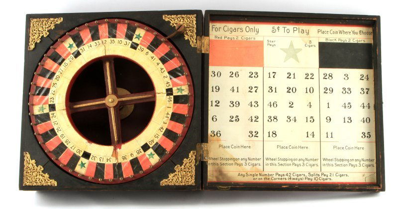 ANTIQUE ROULETTE OR KENO FOR CIGARS BOXED GAME: 19TH or early 20TH Century street or portable Roulette or Keno wheel in box, instructions for play winners redeem for cigars, some foxing and a few tears to paper but wheel still functions, wood box h