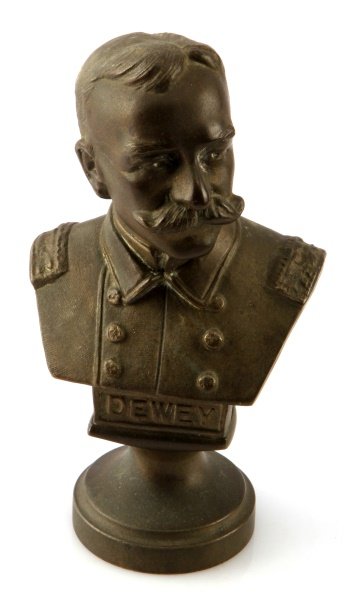 SMALL 5.5 INCH ADMIRAL GEORGE DEWEY BUST: Vintage 5.5 inch tall Admiral George Dewey bronze bust. No foundry mark or signature. Some verdigris around the eyes, but overall very good condition.
