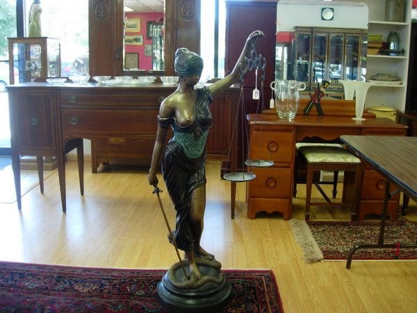 HUGE CAST BRONZE SEMI NUDE BLIND LADY JUSTICE: 47" Cast bronze Blind Justice statue perfect gift or decorating style for the law professional. Based upon the original work by the French artist Meyer, no foundry marks. Great condition.