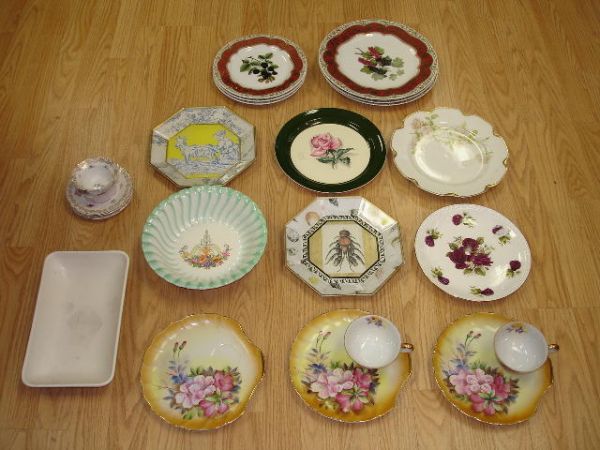 ANTIQUE CHINA HOMER LAUGLIN LIMOGES TAYLOR SMITH L: ANTIQUE CHINA LOT INCLUDING HAVILAND LIMOGES PLATE, DECORATIVE LOBSTER & GIRL W GOAT PLATE, THREE HANDPAINTED SNACK PLATES W 2 MATCHING CUPS, HOMER LAUGHLIN BOWL (PAINT LOSE), POTTERY PLANTER, CROWN D