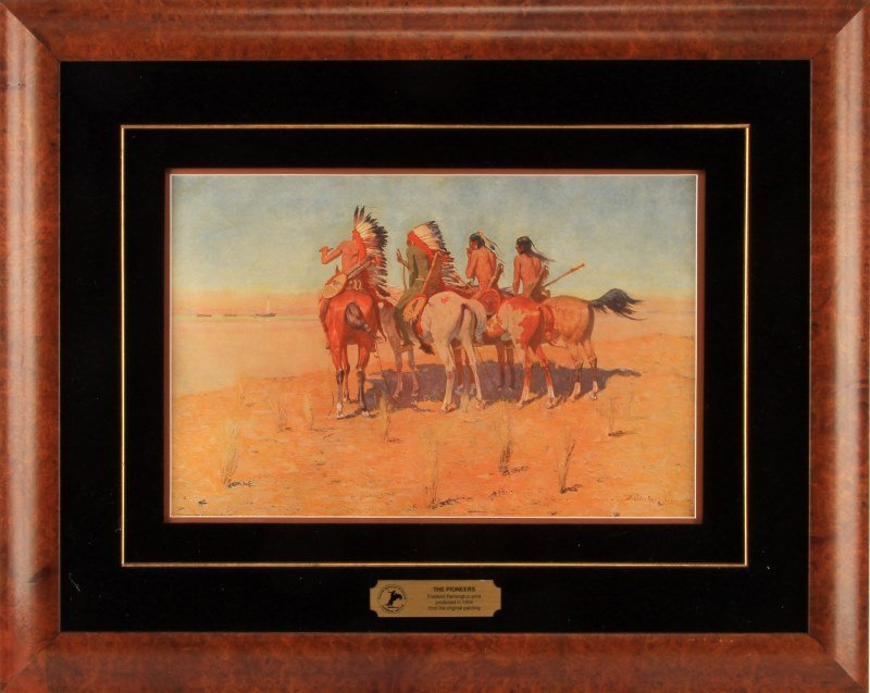 FREDERIC REMINGTON PRINT THE PIONEERS 1904: Frederic Remington print of "The Pioneers". Produced in 1904 from his original painting by P.F. Collier & Co. Velvet interior border and wooden frame. Image measures 18.5 by 12 inches. Frame measures 