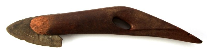 ANTIQUE HARPOON HEAD ALASKAN INUIT 10" LONG: Antique harpoon head from Alaska. Wooden shaft with a stone or thin flint point. The wooden shaft is worn around the top area. Item is in very good condition, with no notable damage. Measures 10 inche