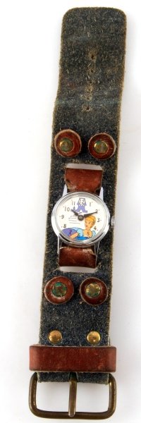 VINTAGE WALT DISNEY CINDERELLA TIMEX WRISTWATCH: A Cinderella watch with a 24 mm case. The watch runs intermittently but it is in very good physical condition. Comes with a blue and brown suede cuff strap.