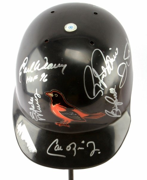 ORIOLES HELMET SIGNED BY CAL RIPKEN JR SAMMY SOSA: Orioles helmet signed by Cal Ripken Jr. and eight others, including Earl Weaver, Eddie Murray, Brooks Robinson, Boog Powell, and Sammy Sosa.