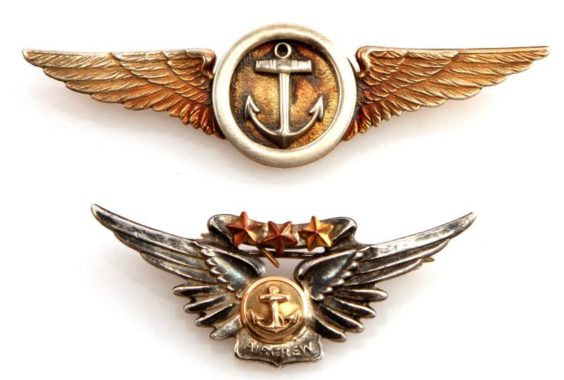 WWII & POSTE WAR STERLING USN AIR CREW WINGS: Amico sterling three battle star WWII wings. Post war gold wash 50's 60's later Air Crew wings Meyer sterling back stamped. Pin back 180 degree lie.