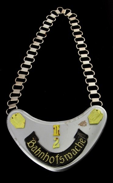 WWII GERMAN ARMY RAILWAY PATROL HEER GORGET: Phosphorus painted, unmarked reverse luggs. Well crafted quality construction.