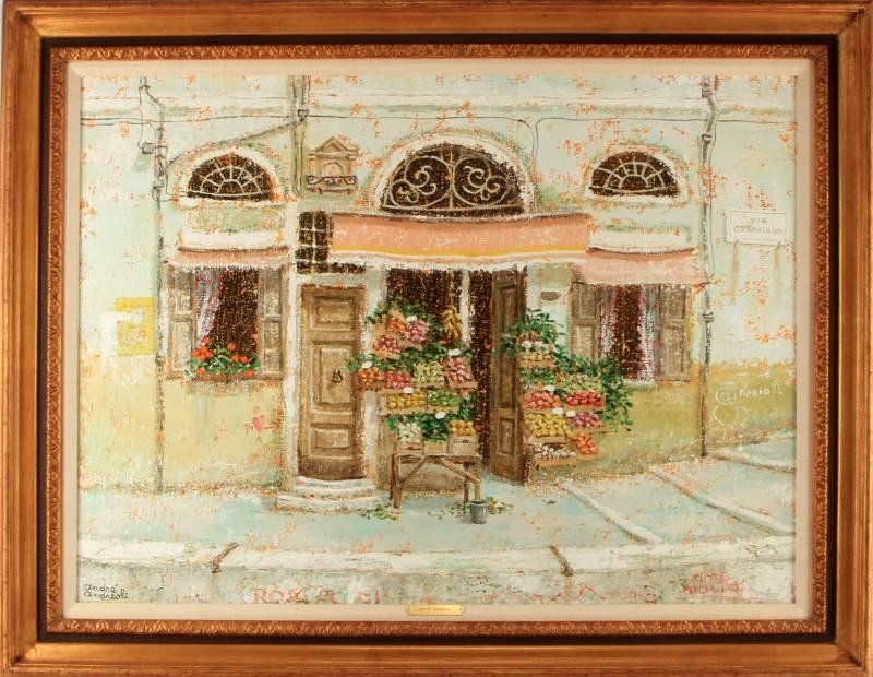 ANDRE ANDREOLI (ITALIAN, B. 1943) OIL ON CANVAS: An oil on canvas depiction of a shop front on the Via Ottaviano in Italy by Andre Andreoli ( Italian, b. 1943). Measures 38.25 by 28.5 inches. Its frame measures 46 by 36 inches. In very good conditio