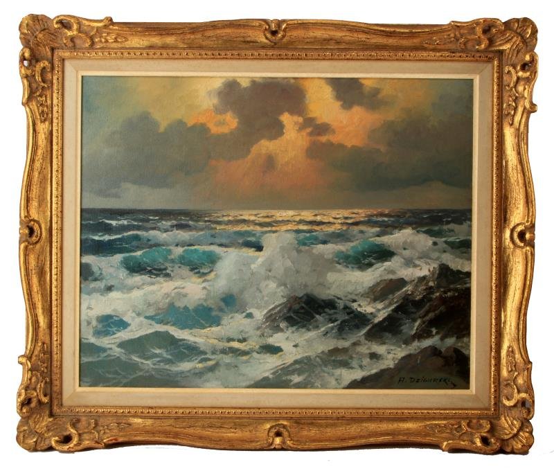 ALEXANDER DZIGURSKI OIL ON CANVAS "SEASCAPE": A. Dzirgurski (1910-1995). Framed size 20 X 16.5 inches. Very good bright and pleasing condition. Ocean scene in gold frame, blues, yellows, white and pink. Signed lower right , verso marked Robinson