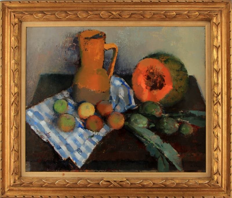ANTONIO PICHOT (SPANISH, B. 1934) OIL ON CANVAS: An oil on canvas titled Jarro Con Frutas by Antonio Pichot (Spanish, b. 1934). Measures 29.25 by 24 inches. Its frame measures 37 by 31 inches. In very good condition with only some minor craquelure.