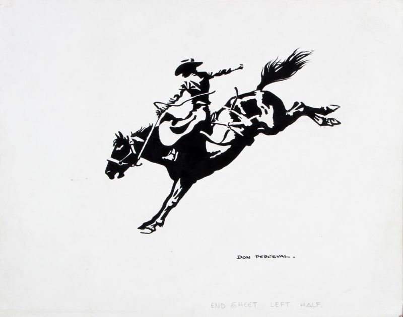 DON PERCEVAL (AMERICAN, 1908-1979) INK ON PAPER: A 10 by 11 inch black ink on paper drawing by Don Perceval. Shows a left view of a cowboy on a bronco. The rear has a Ken Farmer Auctions and Appraisals tag. Signed to the lower right. Bottom of page