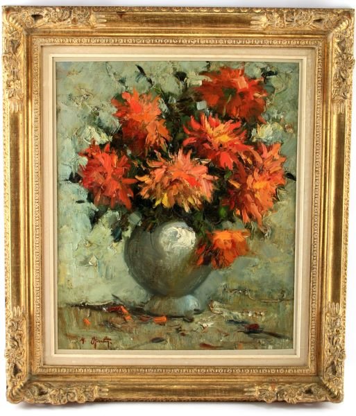 MARCEL MARTIN STILL LIFE OIL ON PANEL: Original oil on canvas board painting by Marcel Martin. The artist uses thick impasto and broad loose brush strokes. The canvas has a bulge on the lower right corner of the painting and the painting n