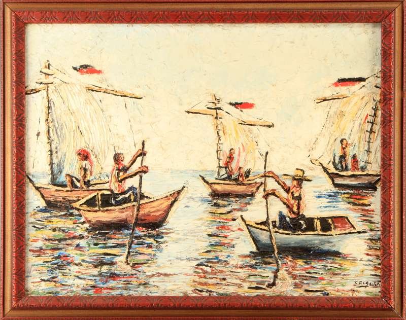 SIGNED ORIGINAL OIL ON CANVAS PALETTE PAINTED: Original signed oil on canvas painting, palette knife painted. The work is signed on the lower right corner by an illegible signature, possibly Iagua. Appears to have been made by a Caribbean artist.