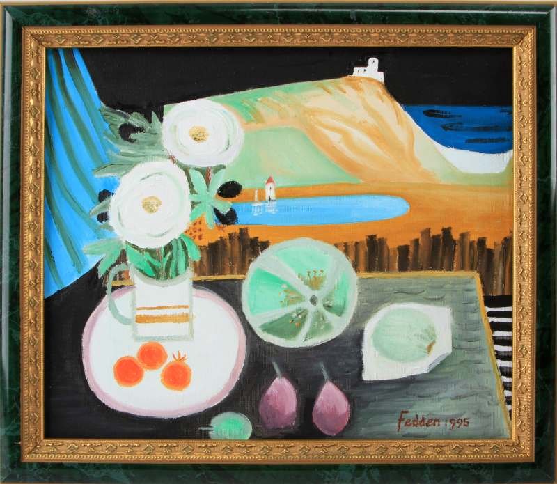 IN THE MANNER OF MARY FEDDEN STILL LIFE 12" BY 14": Still life painted on oil and canvas in the manner of British artist Mary Fedden (b. 1915-2012). This work depicts a still life before a landscape. The work bears a signature on the lower left corner