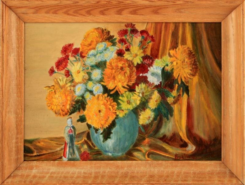 DAVID BURLIUK STILL LIFE OIL ON BOARD 14" BY 10": David Burliuk (b.1882-1967, American-Ukranian) original still-life oil on canvas painting. Burliuk was associated with the Russian Futurism movement. The work depicts a bouquet with a figurine beside