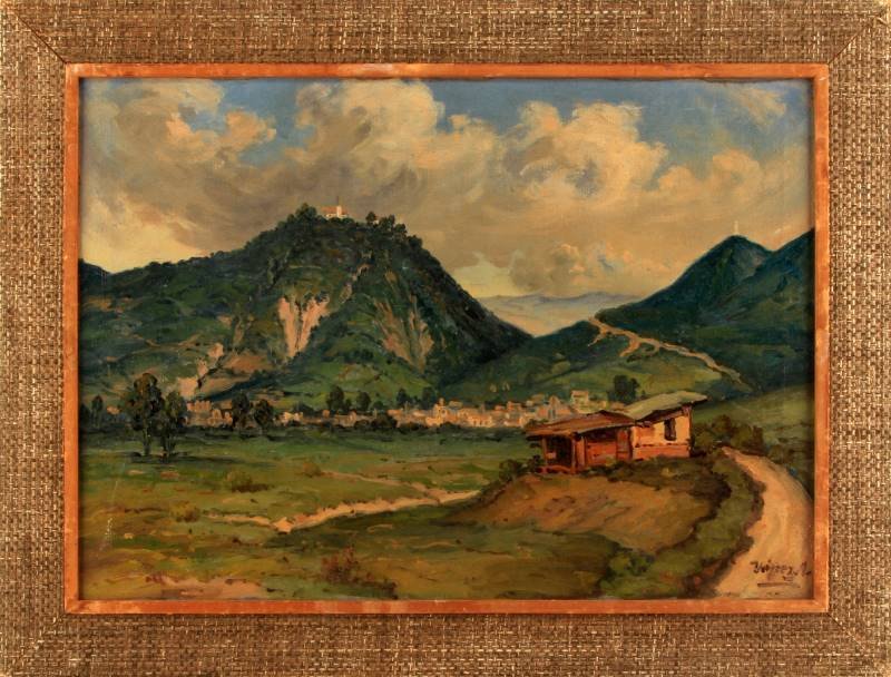 JOSE YEPEZ ARTEAGA (B. 1898, ECUADORIAN) LANDSCAPE: Original oil on canvas painting by Ecuadorian artist Jose Yepez Arteaga. The artist is best know for his landscapes of Quito, Ecuador. The painting needs to be cleaned, has a small hole on the top lef