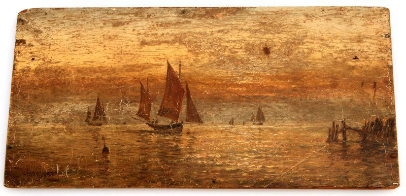 T. U. KINGSBURY (BRITISH, ACTIVE 1874-1878) OIL: Original oil on panel painting by British artist T U Kingsbury (active 1874-1878). The small painting depicts sail boats in a calm sea. The painting has craquelure and discoloration due to age, but ha
