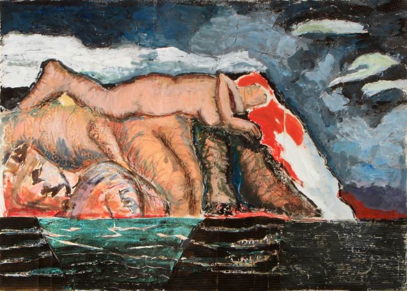 MIXED MEDIA COLLAGE BEARING SIGNATURE F. BACON: Abstract mixed media collage on paper bearing the signature "Francis Bacon" on the reverse. Measures 16.5 inches by 23.5 inches. Unframed. Very good condition.