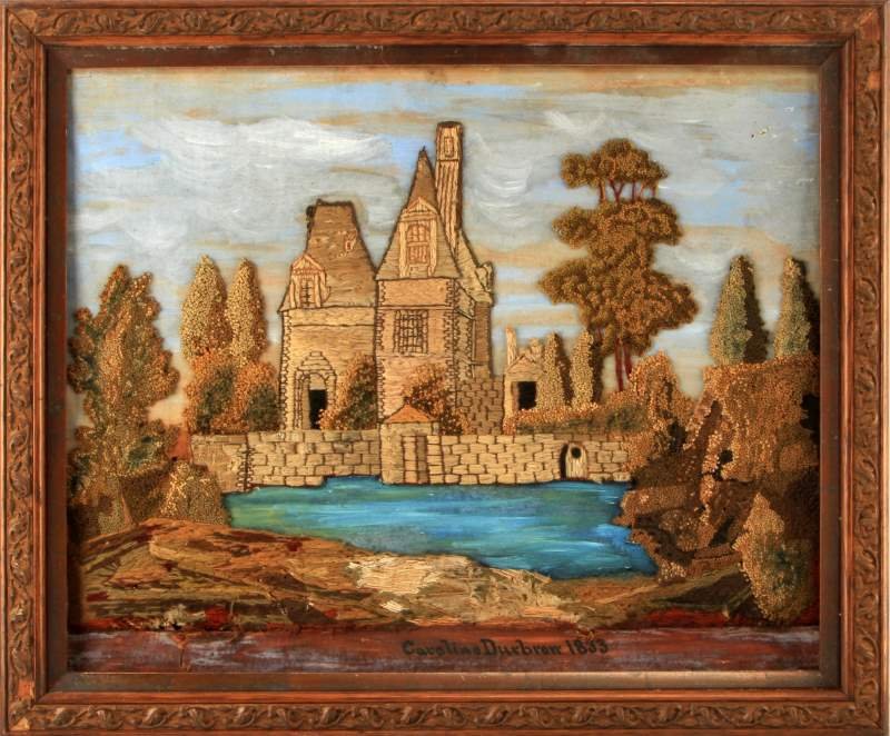CAROLINE DURBROM (19TH C) MIXED MEDIA 23" BY 19": Antique three dimensional mixed media painting signed and dated on the bottom "Caroline Durbron 1833". The work is mounted on board and has a painted sky and lake with the other features in yarn. The 