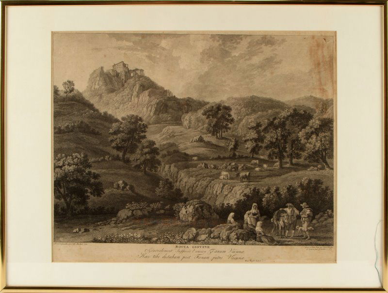 AFTER JACOB P HACKERT ROCCA GIOVINE ENGRAVING: Early 19th Century engraving of Rocca Giovine, after Jacob Philipp Hackert (German, 1737-1807). Engraved by Balthasar Anton Dunker (Hackert's pupil) and Matthias Gottfreid Eichler. Condition is normal