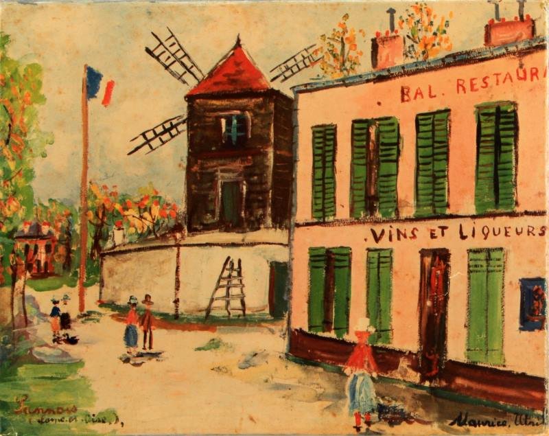 MAURICE UTRILLO (FRENCH, 1883-1955) CANVAS PRINT: A canvas print reproduction of Maurice Utrillo's work. Measures 13.75 by 10.75 inches. In good condition with some wear on edges and a pressure mark on the lower right portion.