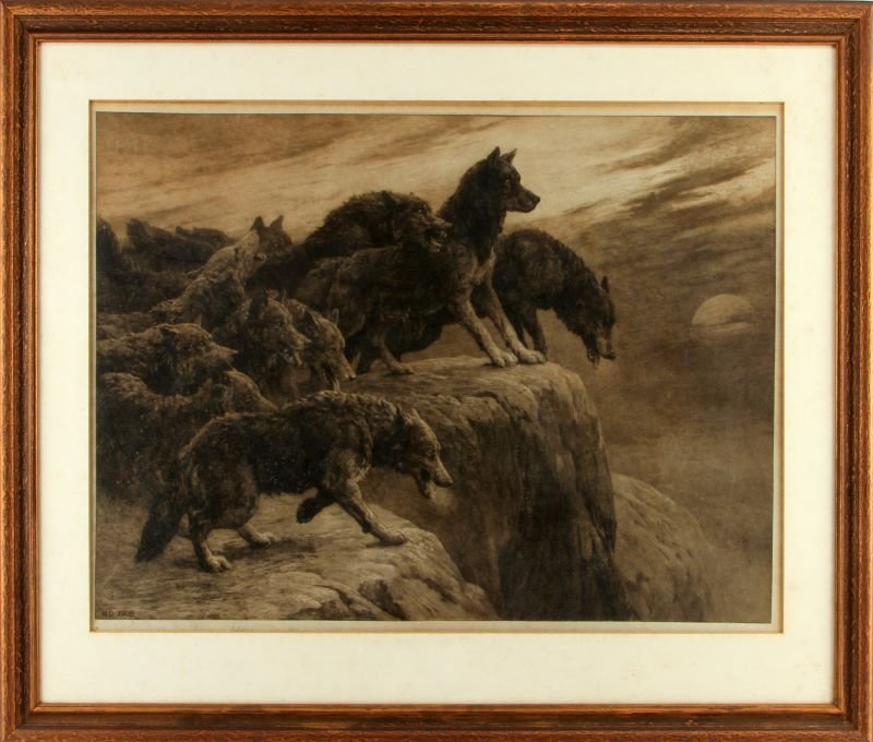 THOMAS HERBERT DICKSEE WOLF ETCHING DUPONT ESTATE: Antique etching printing by Herbert Thomas Dicksee, depicting a pack of wolves. The large etching is plate signed and dated (1908), and pencil signed along the bottom. Aquatint etching. Some foxing ar