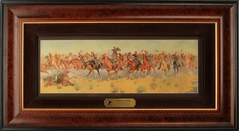 FREDERIC REMINGTON "A CAVALRY CHARGE" 1910 PRINT: 1910 print of Frederick Remington's "A Cavalry Charge" original painting, courtesy of the Frederick Remington Art Museum of Ogdensburg, New York. This print was #19 of 1312 in circulation, and feature