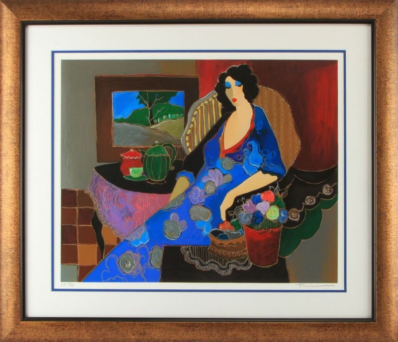 ITZCHAK TARKAY (ISRAELI, 1935-2012) SIGNED LITHO: Hand signed and numbered serigraph after Itzchak Tarkay's "Blue Afternoon". Printed on paper and professionally framed. The frame measures 31.25 inches by 27.5 inches, the paper measures 22.5 by 18 in