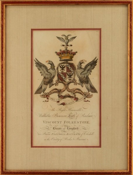 EDMONSON FOLIO HERALDRY ENGRAVING EARL OF RADNOR: Page 306 of the Edmonson Folio Heraldry Engraving Coa, this 18th century heraldry copperplate engraving features the coat of arms for The Right Honourable William Bouverie, Earl of Radnor, Viscount Fo